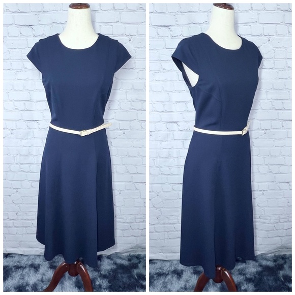 👗 NWT($109)🤩 |•TOMMY HILFIGER•| Navy Blue Belted Sheath Fit & Flare Dress Sz 10 - Picture 1 of 13